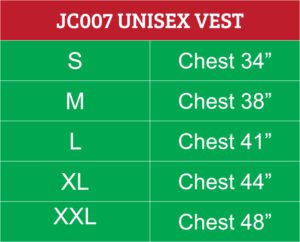 Unisex racing vest sizes
